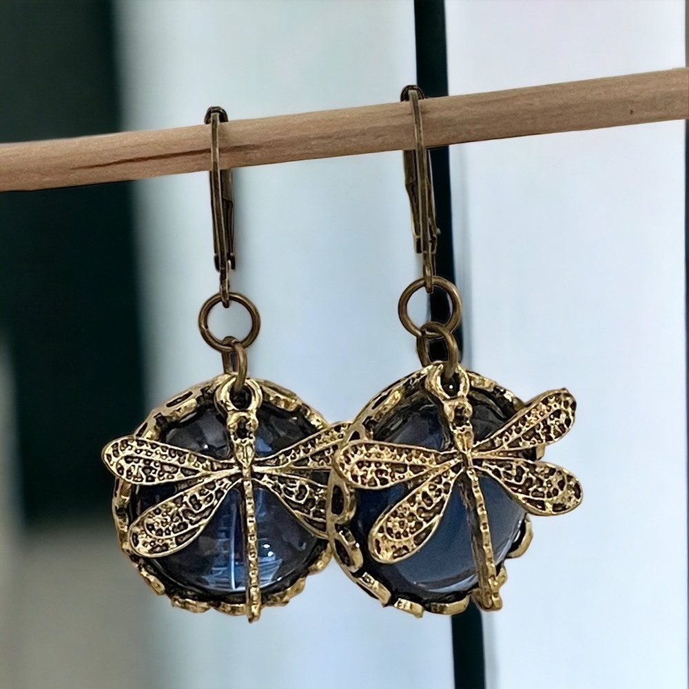 Blue Glass Vintage Boho Dragonfly Drop Earrings Nwt